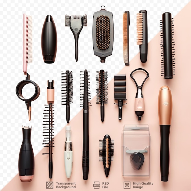 PSD hair styling tools on transparent background seen from above