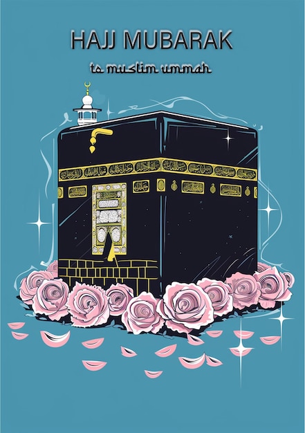 PSD a hajj mubarak poster with holy kaaba with pink roses on it