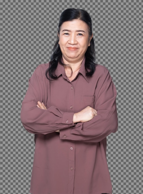 PSD half body portrait of 60s 70s elderly asian woman black hair purple shirt cross hand look at camera. senior grandmother cross arms smile and turn front side view over white background isolated