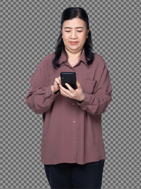 Half body portrait of 60s 70s elderly asian woman black hair purple shirt, use digital smart phone. senior grandmother uses smart phone chit chat many poses over white background isolated