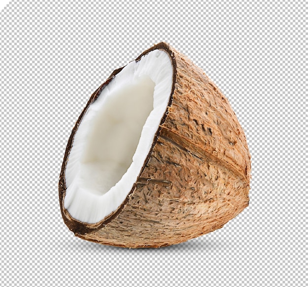 Mezza noce di cocco isolata sullo sfondo dello strato alfa