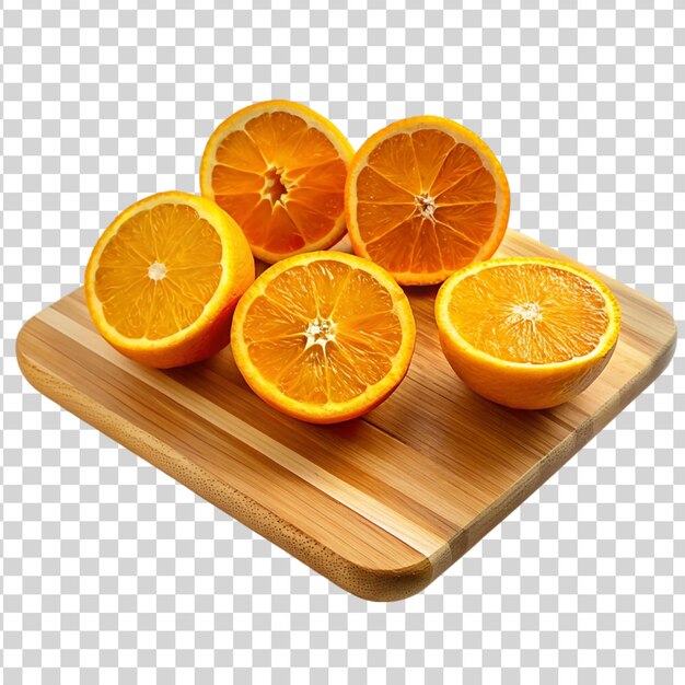 PSD 투명 한 배경 에 고립 된 나무 절단 보드 에 있는 반 오렌지