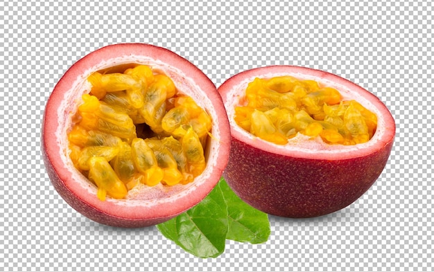 Half passion fruit with leaf isolated on alpha layer
