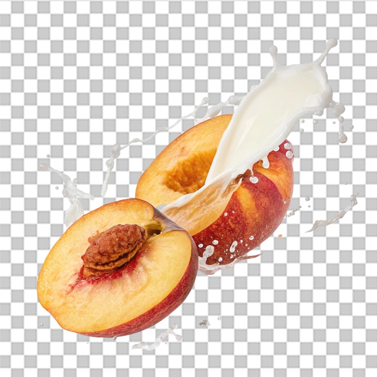 PSD half peach in milk splash isolated on transparent background
