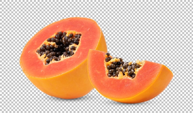 Half rijp papaya fruit met zaden geïsoleerd op alfalaag