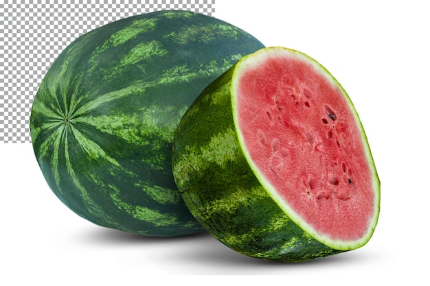 PSD half of a ripe watermelon lies next to a whole watermelon isolation on a transparent background