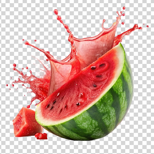 PSD half of watermelon with splashes of juice isolated on transparent background