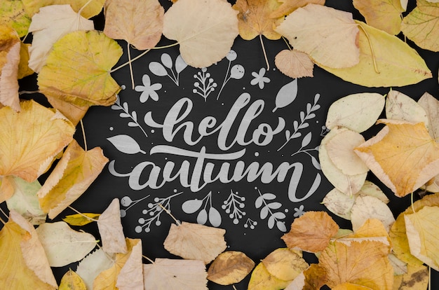 Hallo herfst belettering omgeven door gele bladeren