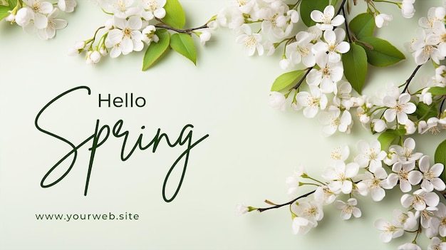 PSD hallo lente banner sjabloon met lente grens achtergrond met witte bloemen plat leggen