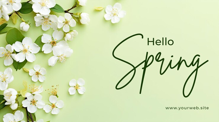PSD hallo lente banner sjabloon met lente grens achtergrond met witte bloemen plat leggen