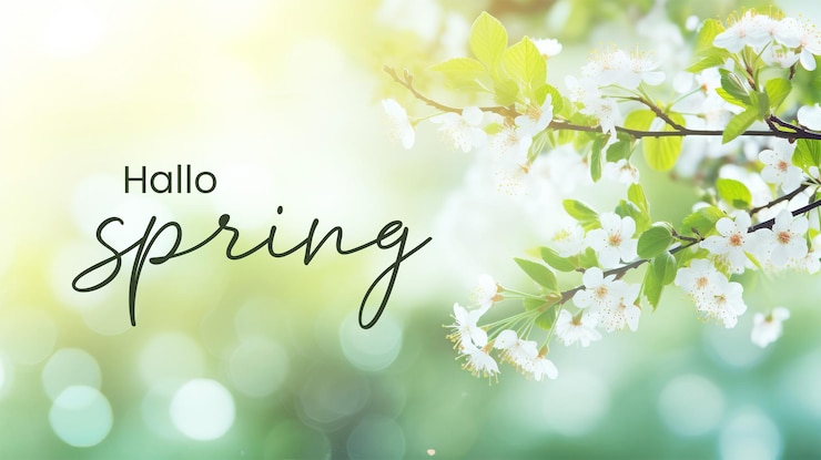 PSD hallo lente sjabloon voor spandoek met lente achtergrond blurholiday behang