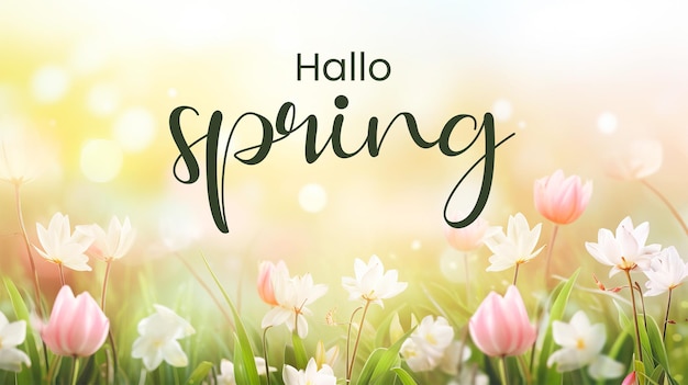 PSD modello di banner ciao primavera con sfondo blurholiday primaverile