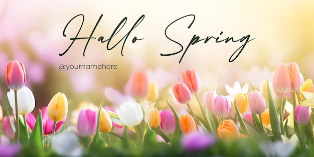 Template di banner di primavera con banner del sito web che mostra bellissimi fiori di primavera