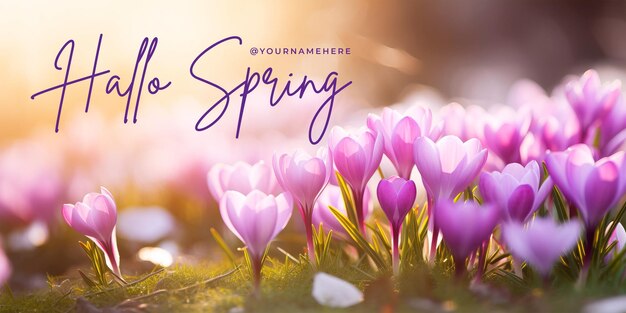 PSD hallo spring media social post with website banner showing beutiful spring flowers background