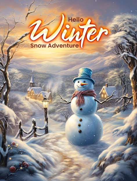 PSD Здравствуйте, зимний фон с путешествием снеговика через зимний пейзаж на светлом фоне
