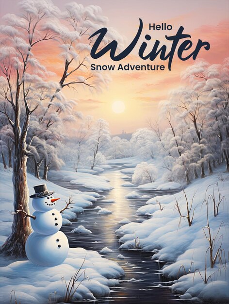 Hallo winter background with a snowman's journey through a winter landscape light backgroud