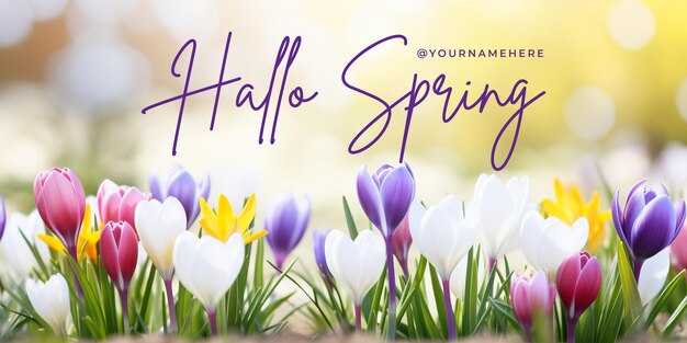 PSD hallo wiosenne media społecznościowe z banerem na stronie internetowej pokazującym piękne kwiaty wiosenne na tle
