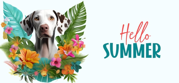 PSD hallo zomer banner achtergrond met hond rond tropische bladeren