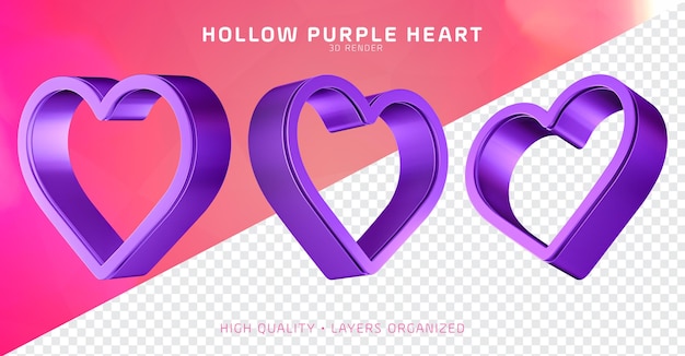 PSD hallow purple heart 3d telaio isolato per la composizione giorno di san valentino