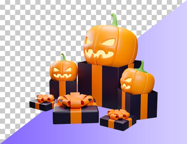 Halloween 3D-pictogram. Pompoenkop springt eruit. Realistische 3D-pompoen met enge glimlach op zijn gezicht.