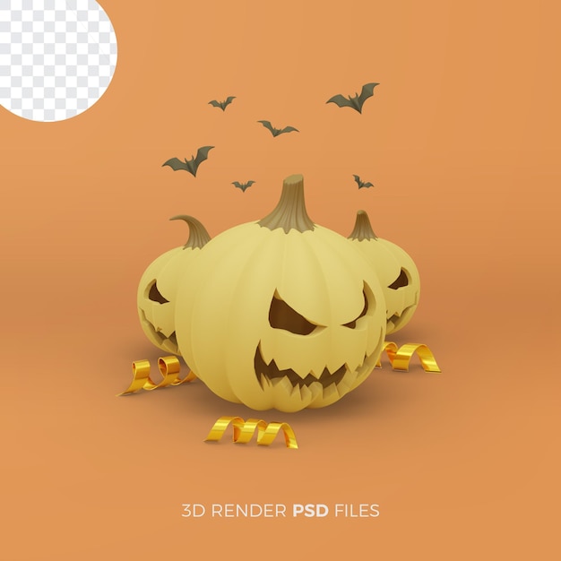 Halloween 3d rendering with pumpkin and gold ribbon