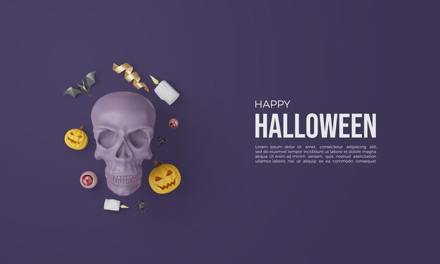 Halloween 3d rendering with skulls and other elements