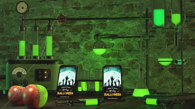 Halloween-arrangement met smartphone en neonlichten