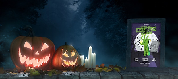 PSD disposizione di halloween con zucche e cornice mock-up