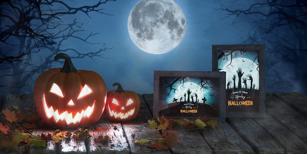 PSD halloween arrangement with pumpkins and frames mock-up