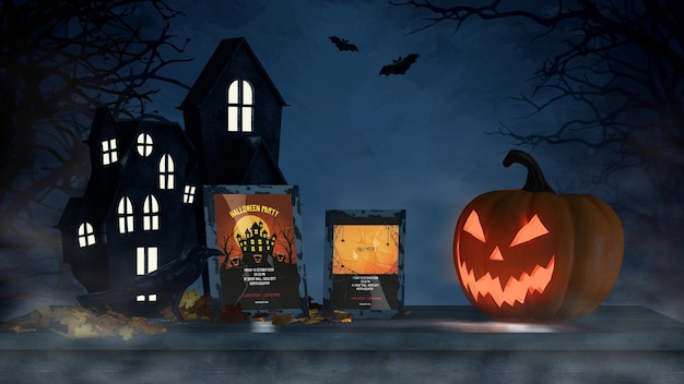 PSD disposizione di halloween con zucca spaventosa e cornice mock-up