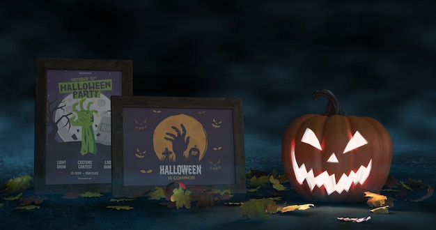 PSD halloween arrangement with scary pumpkin and movie posters mock-up