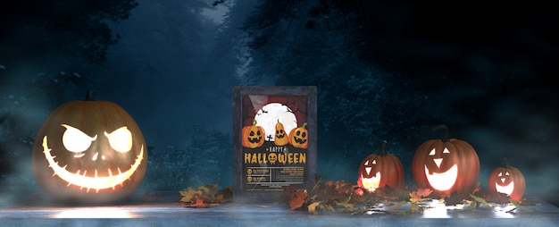 PSD disposizione di halloween con zucche spaventose e cornice mock-up