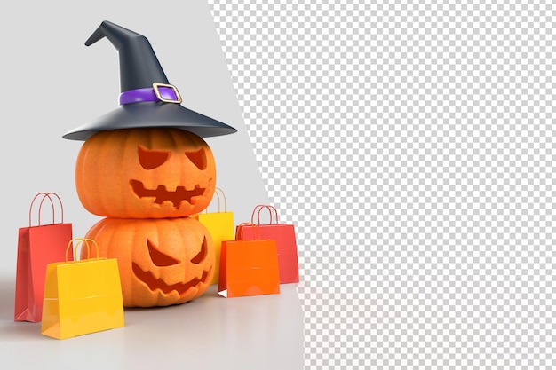 Mock-up di sfondo di halloween con zucche, cappello da strega e borsa della spesa. progetta concept marketing online