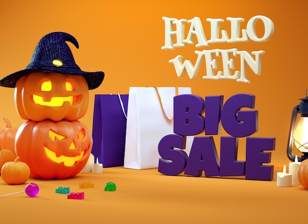 Banner di promozione di grandi vendite di halloween con zucche e borse della spesa in rendering 3d