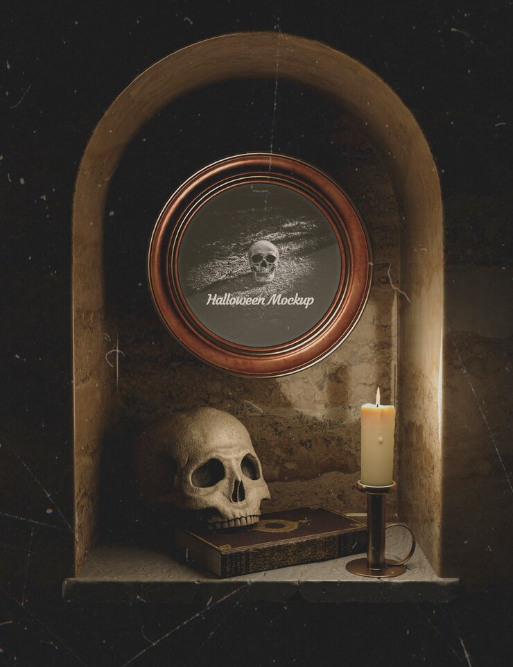PSD halloween black decoration with skulls and candles