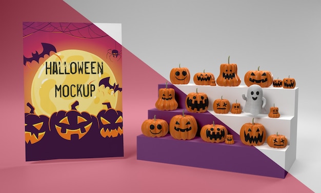 PSD halloween card mock-up next to scary pumpkins