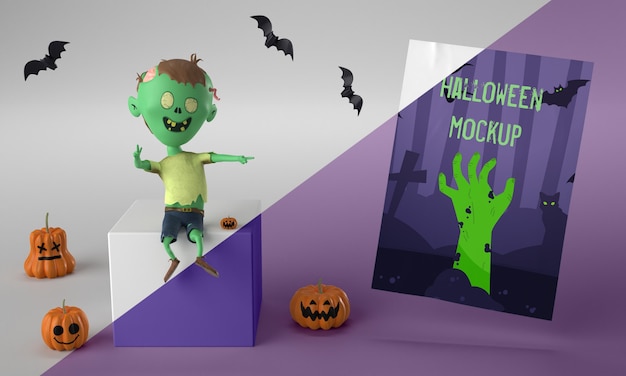 PSD halloween card mock-up next to smiley zombie