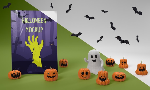 Halloween card mock-up with scary pumpkins and ghost