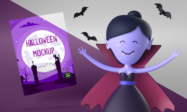 PSD mock-up di carta di halloween con vampiro donna sorridente