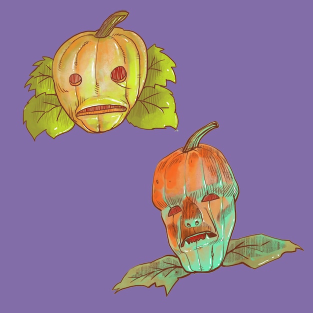 PSD halloween cartoon pumpkin character monsters wolfman monster ink drawing