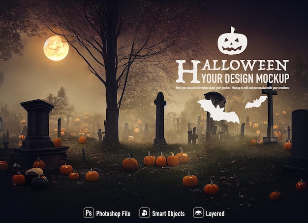 PSD halloween cemetery mockup on dark background