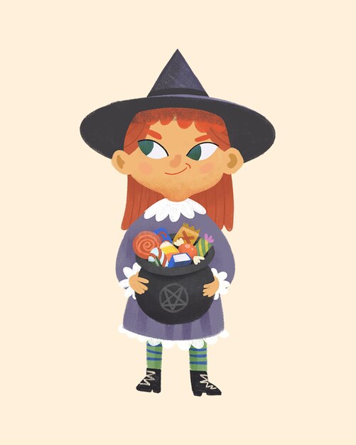 Halloween child in costume trick or treat sweets and candies in bucket cute girl witch character