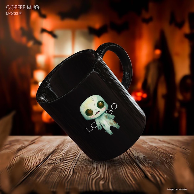Halloween coffee cup mockup on dark wooden table with a haunted house in background