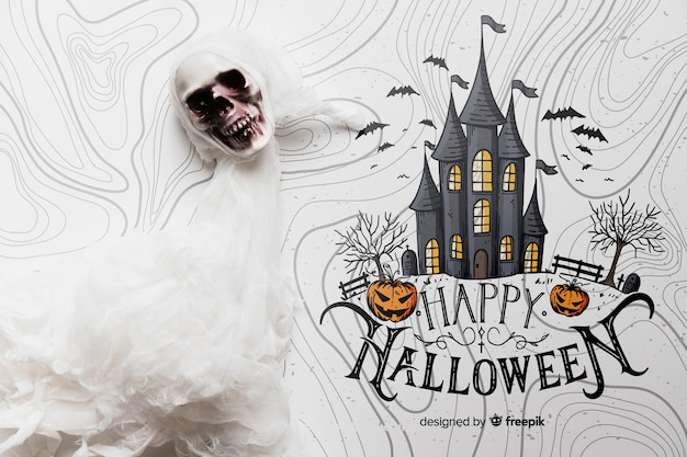 PSD halloween concept with skull and haunted house