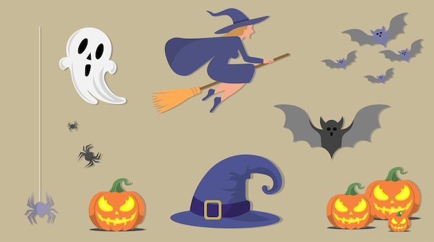 Halloween Elementy kreskówki ustawione Czarownica duch dyni nietoperze pająki na beżowym tle