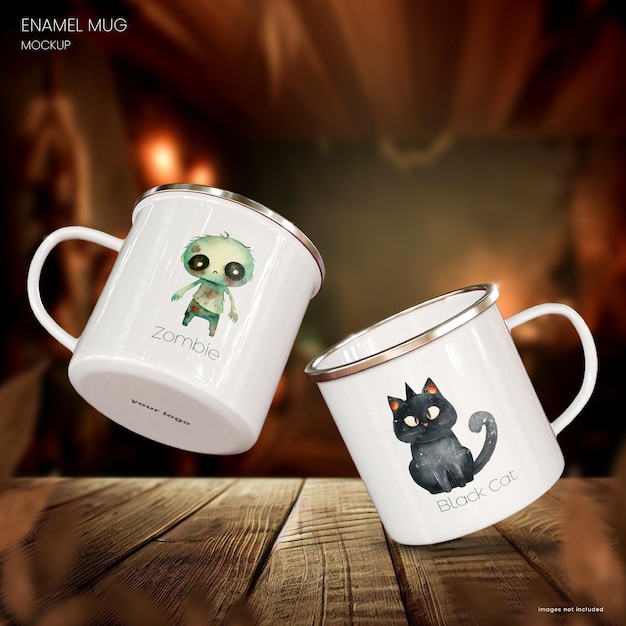 PSD halloween enamel mug mockup of two cups on a rustic wooden tabletop with a eerie background