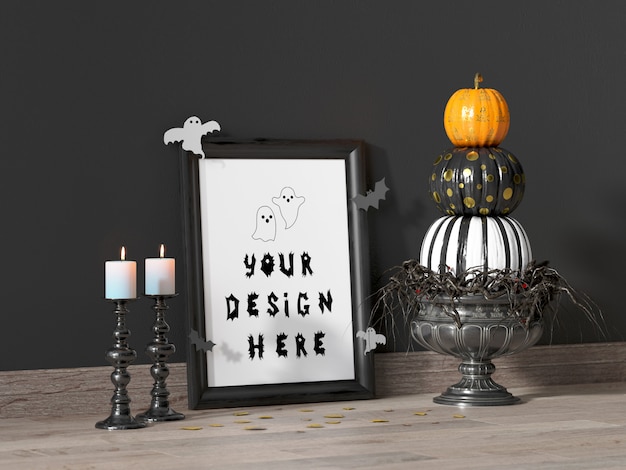 PSD halloween event decoration frame mockup with colorful pumpkins and white candles