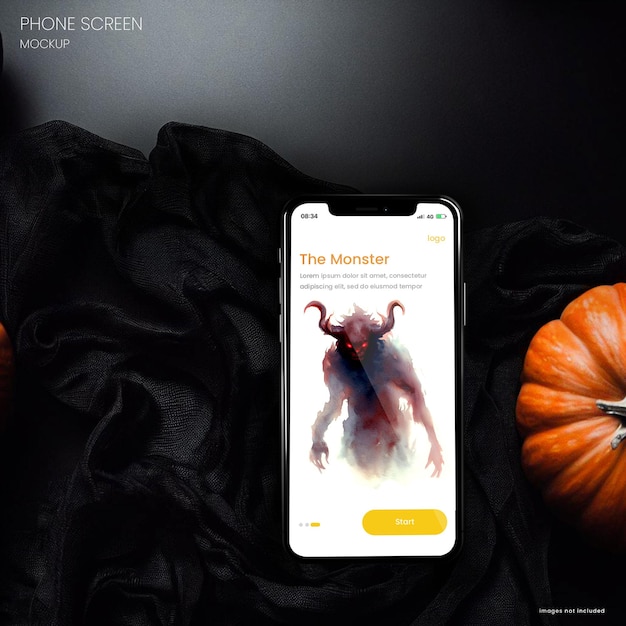 Mockup di iphone 15 di halloween flatlay di uno smartphone su un tavolo con texture scura