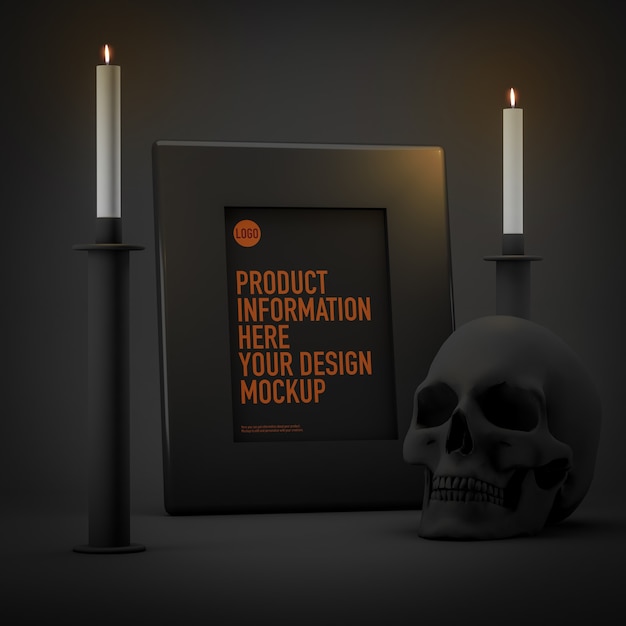 Halloween frame foto mockup naast kaarsen en schedel