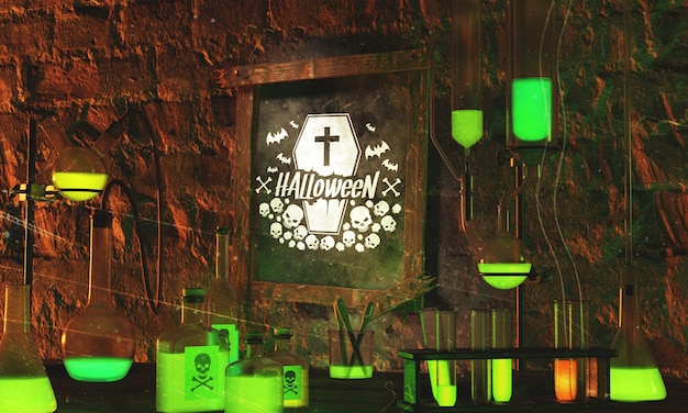 PSD halloween frame with green neon light on stone background